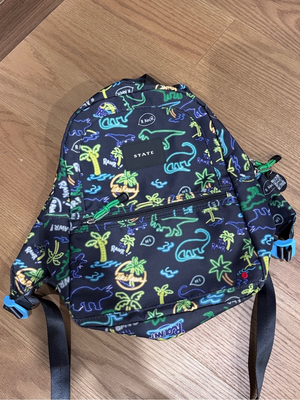State Kids Mini Neon Dino Print Backpack - Black/Green/Blue
